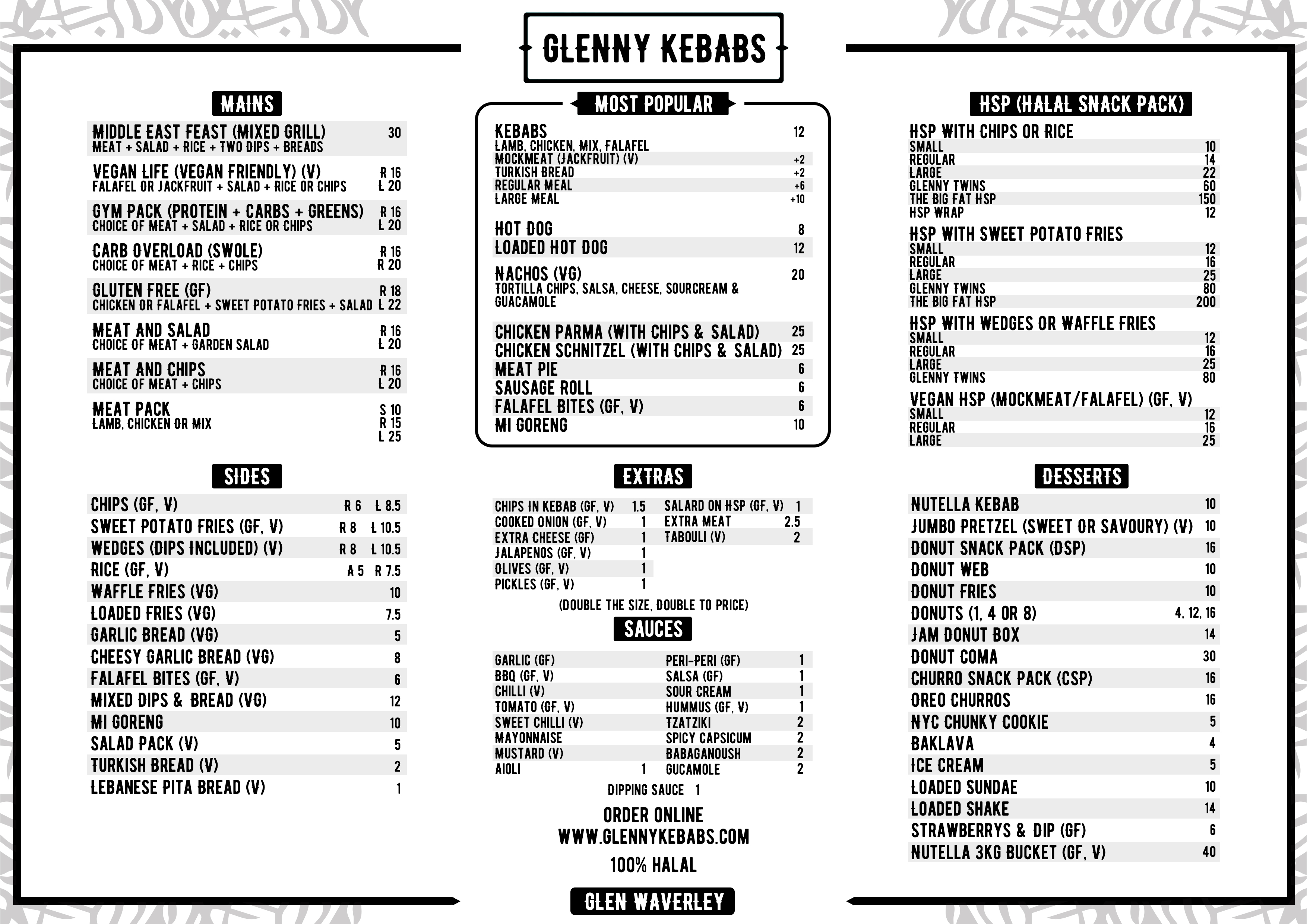 Glenny Kebabs Menu